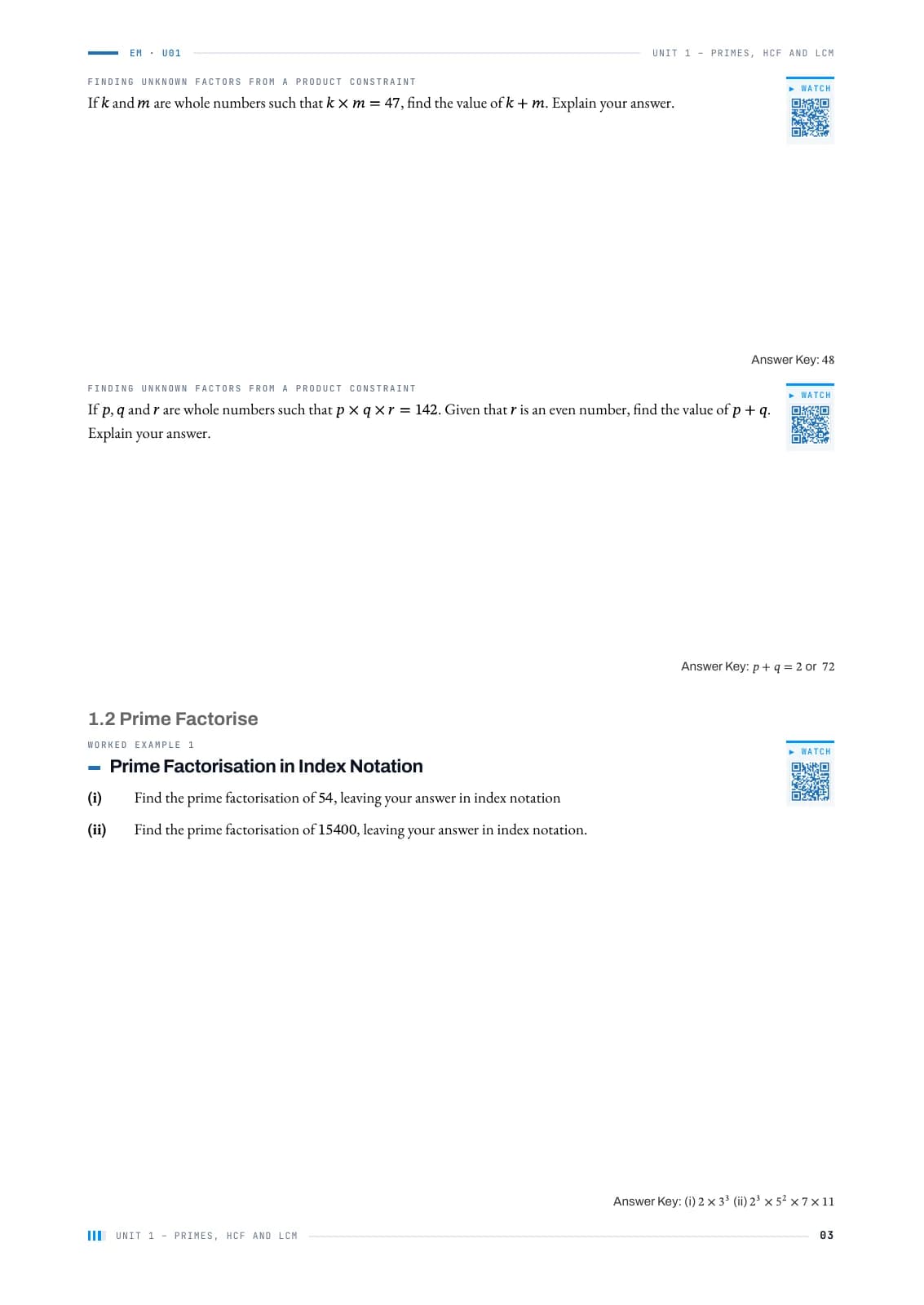 Prime factorisation and practice questions, with QR links to video explanations.