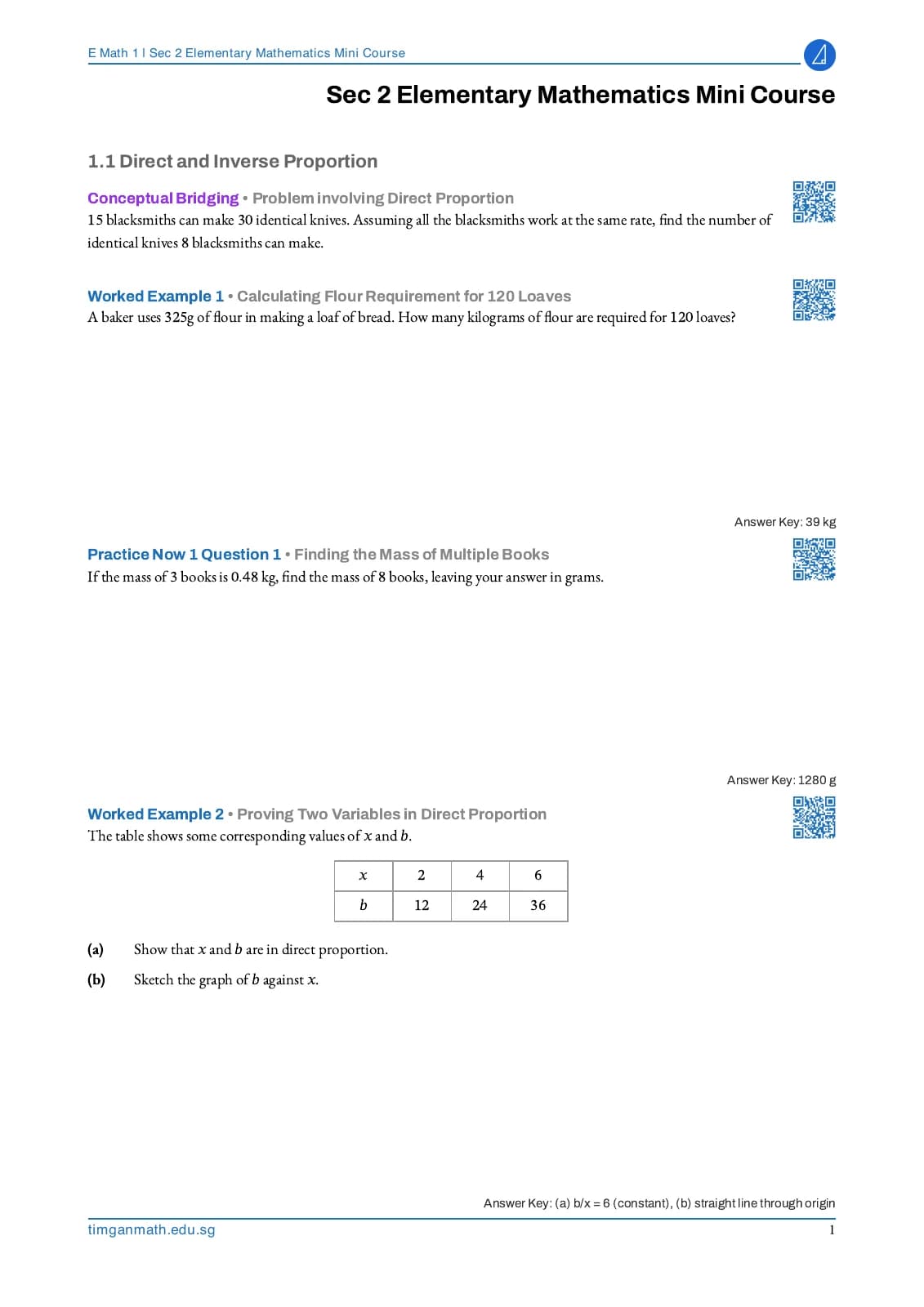 Direct proportion concepts, worked examples and practice with video QR codes.
