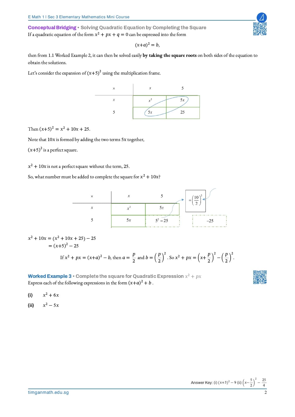 Completing the square, explained with diagrams, worked examples and video QR codes.