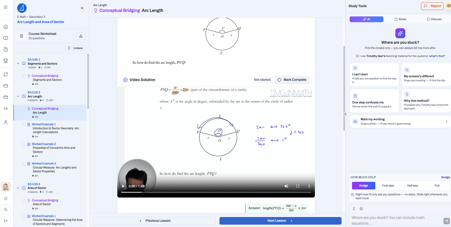 E Math Arc Length lesson in TGM Study Hub, with handwritten video working and AI study tools