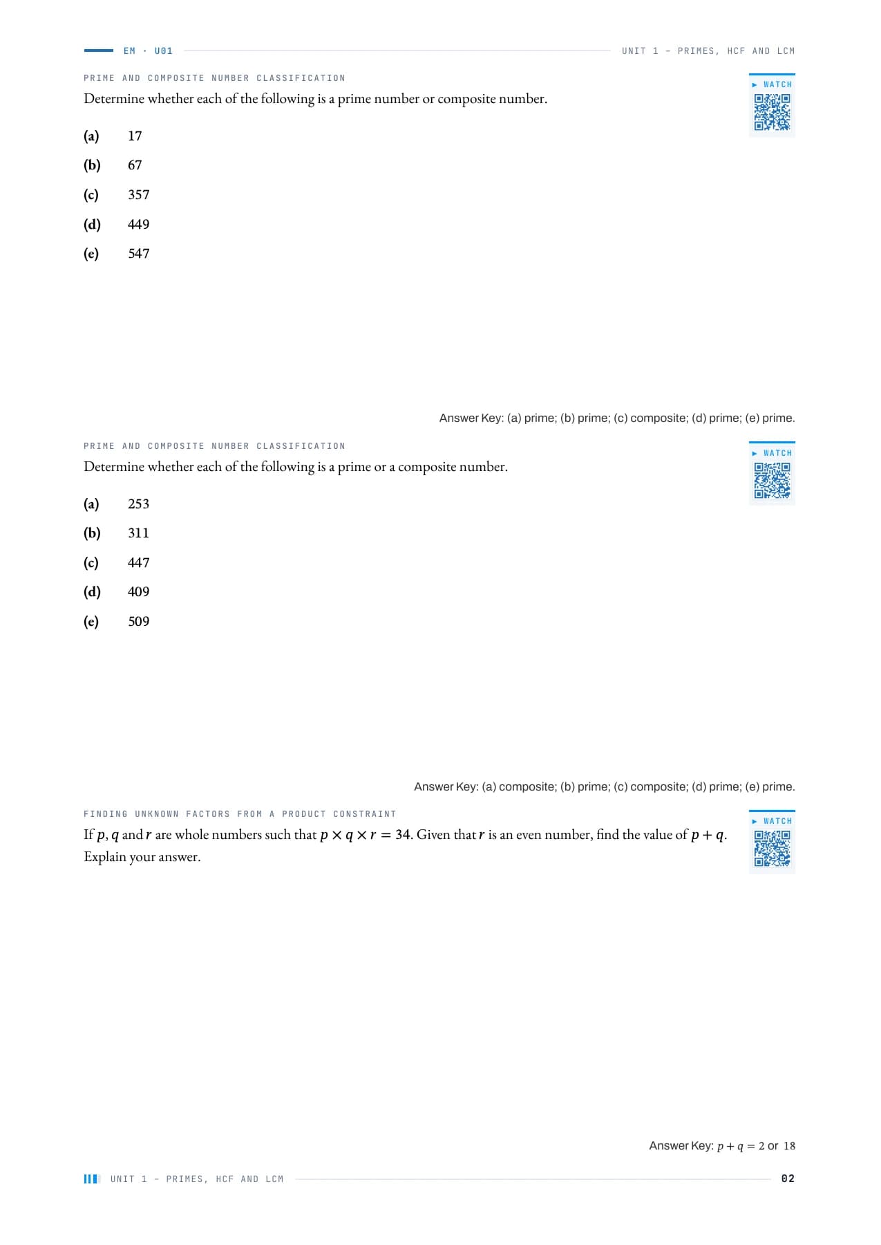 Prime and composite number practice with space for working and QR links to video explanations.