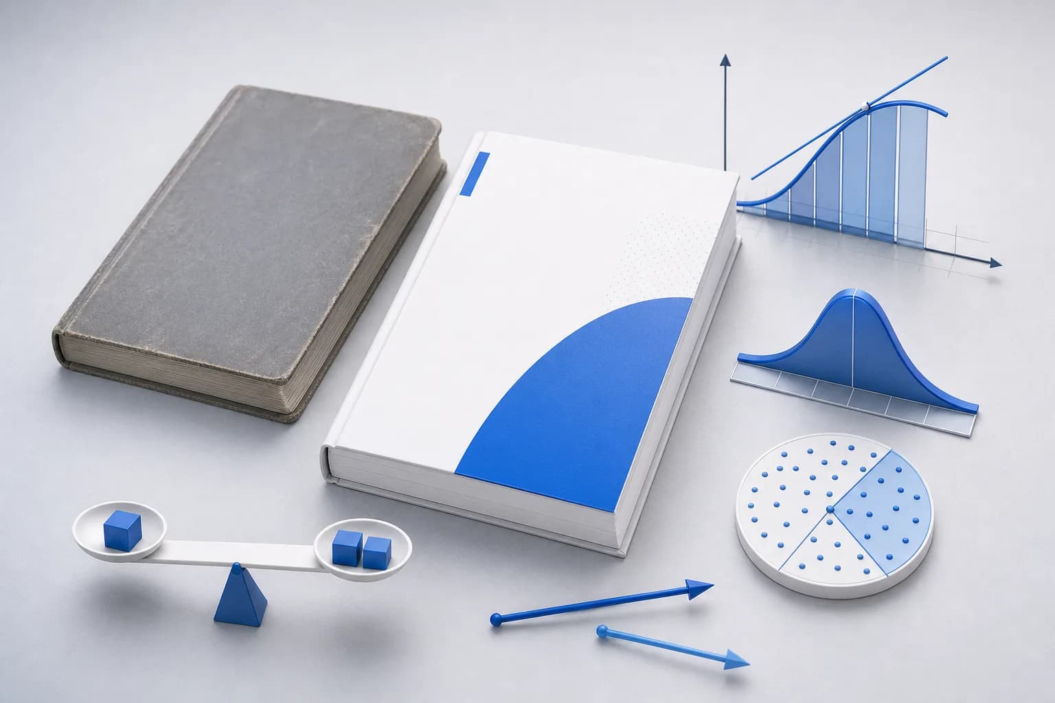 Conceptual comparison of an older grey formula booklet and a current blue mathematics booklet with calculus, statistics and vector motifs