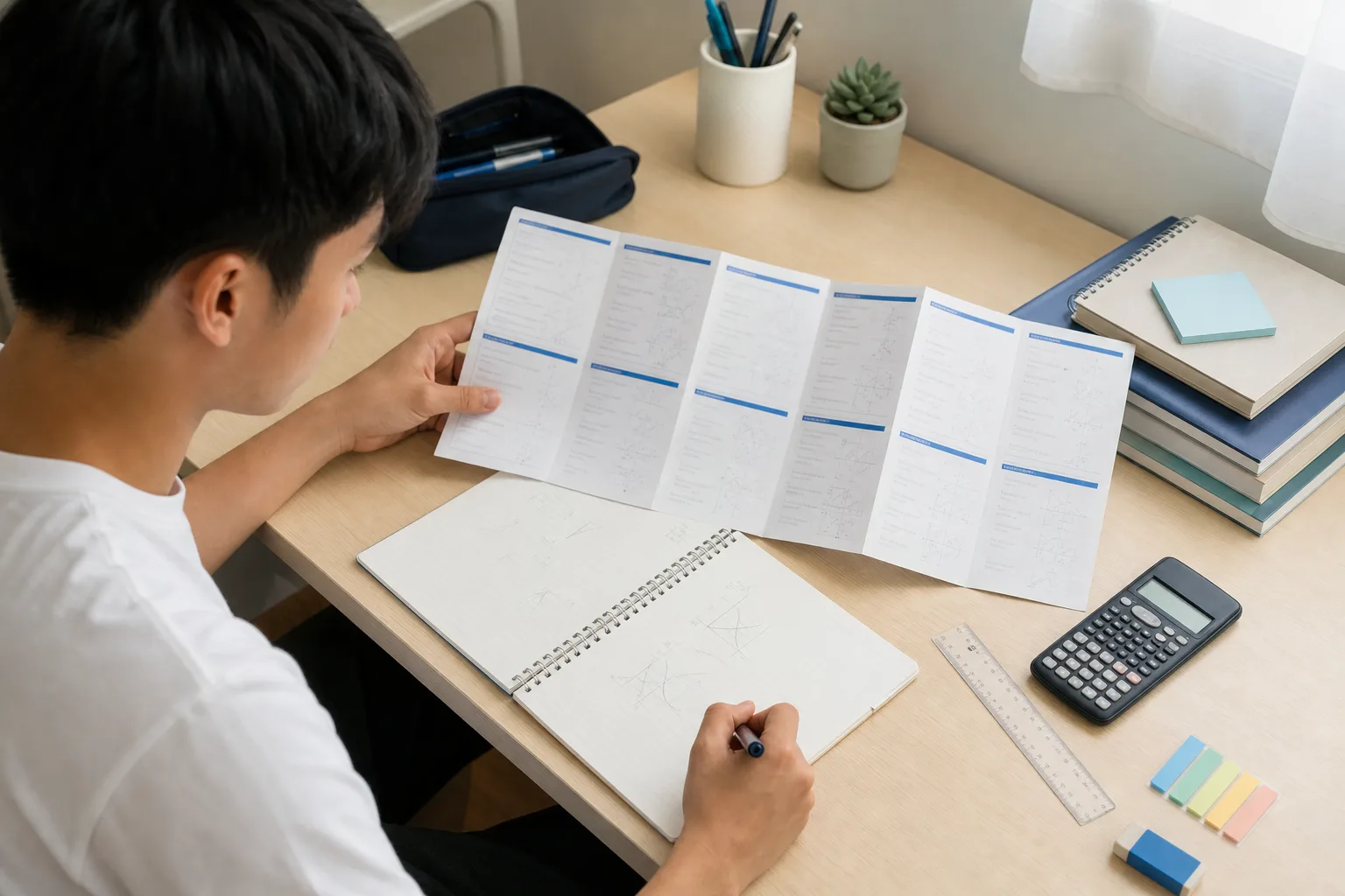 Junior college student locating a result in a formula booklet while making revision notes