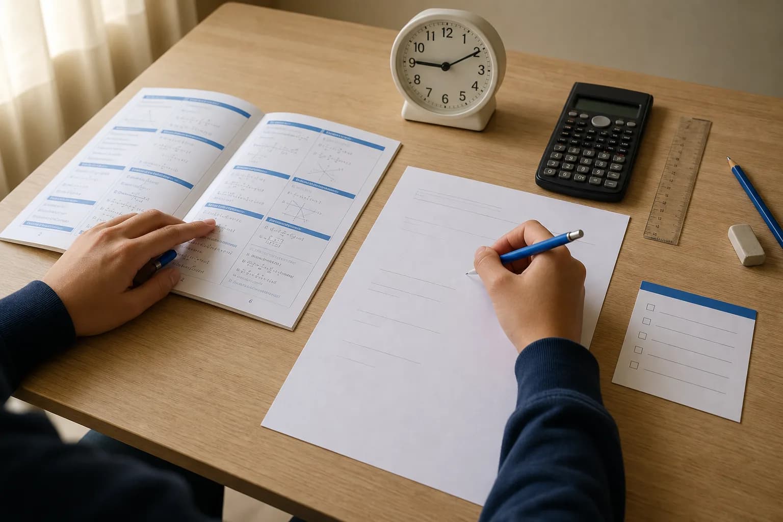 Student rehearsing a timed mathematics paper with a formula booklet, calculator and clock