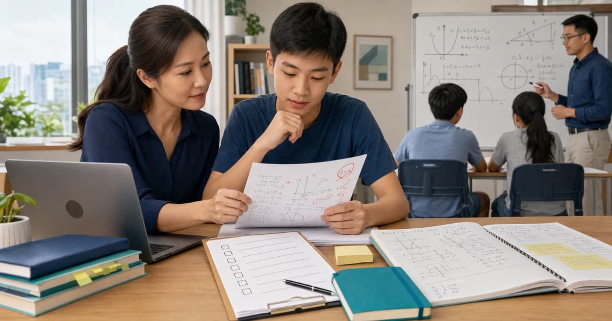 Parent and secondary school student using a decision checklist to compare self-study, school support and structured Math tuition