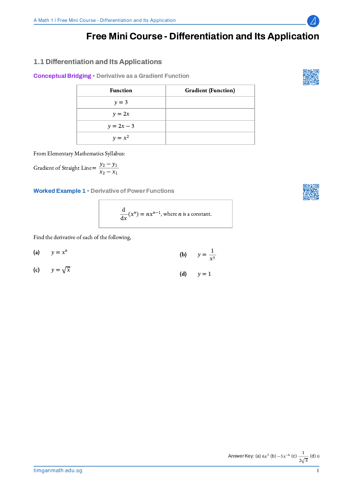 Gradient functions, derivatives and practice, with QR links to video explanations.