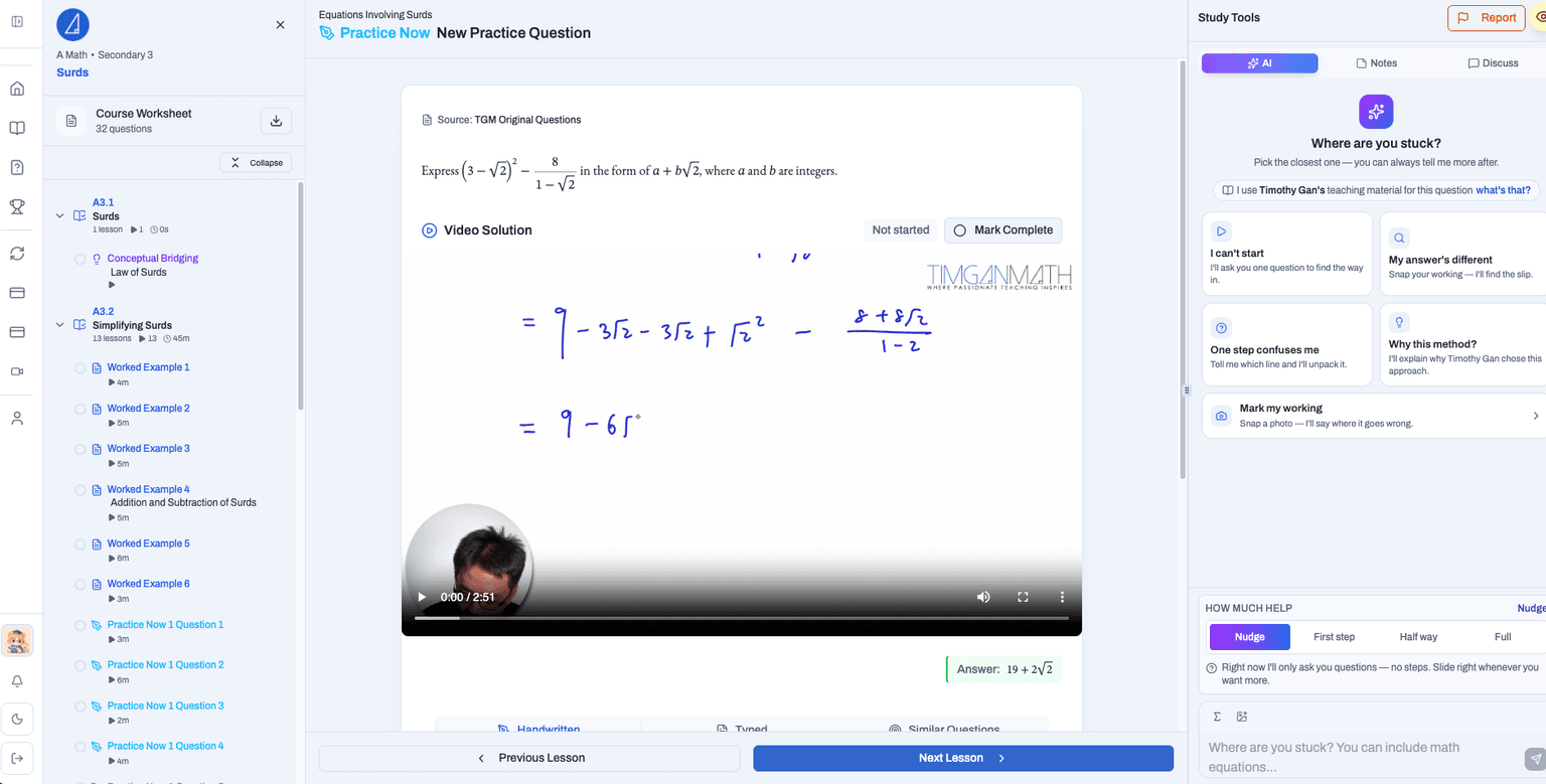 A Math Surds lesson in TGM Study Hub, with course navigation, a handwritten video solution and AI study support