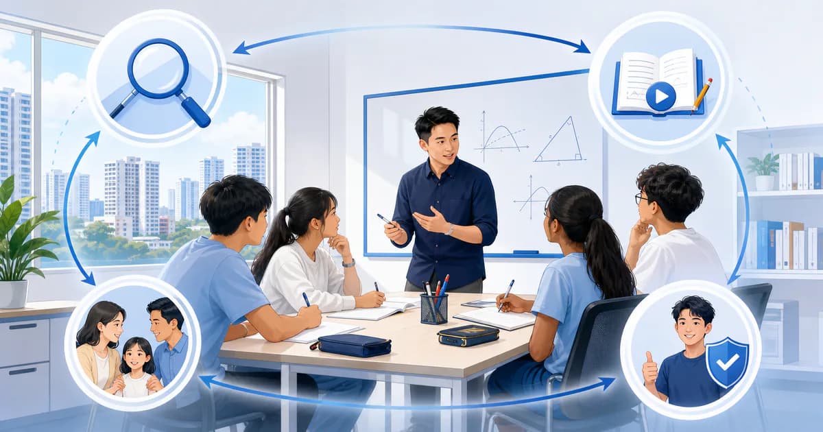 Tutor teaching students in a Singapore classroom with visual symbols for paid, organic and referral marketing