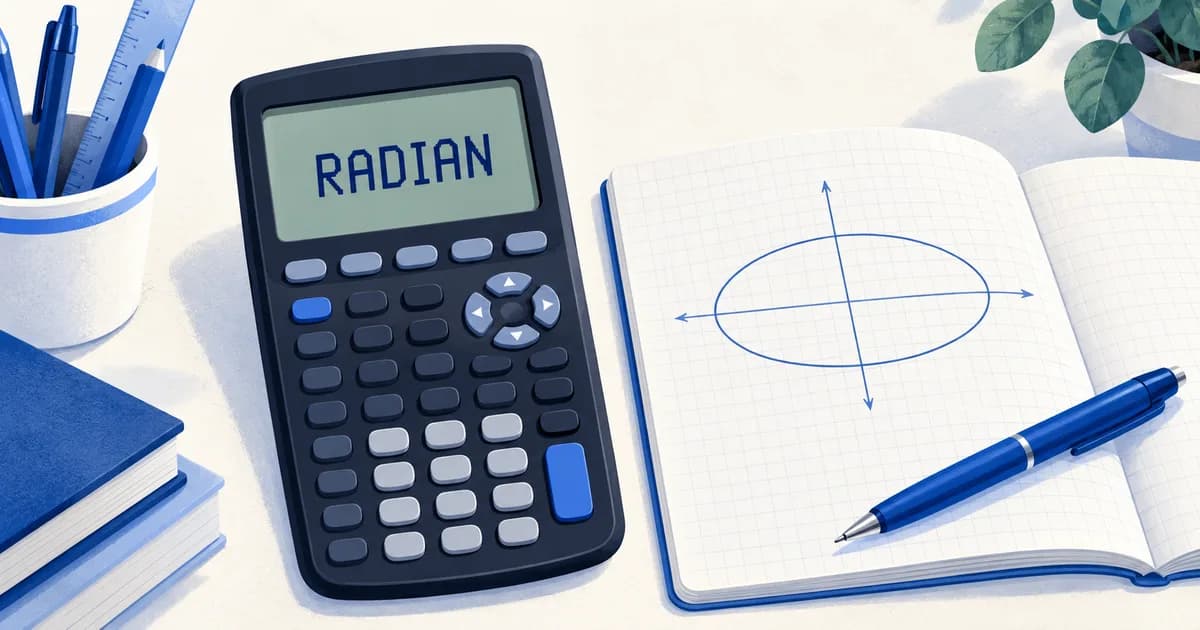 Illustration of a graphing calculator displaying RADIAN beside a notebook with an ellipse sketch