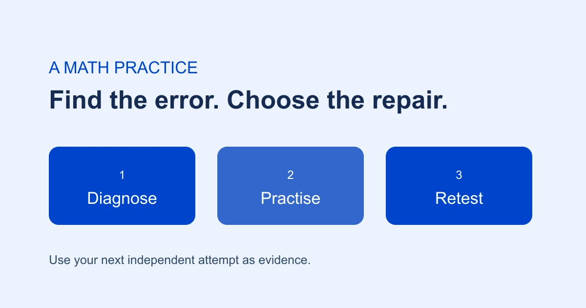 Three-step A Math practice diagram: diagnose, practise and retest