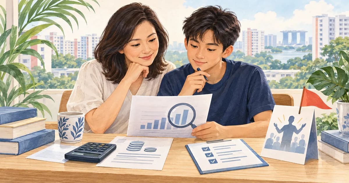 Illustration of a parent and teenager checking tuition results, fees and a checklist beside a red flag