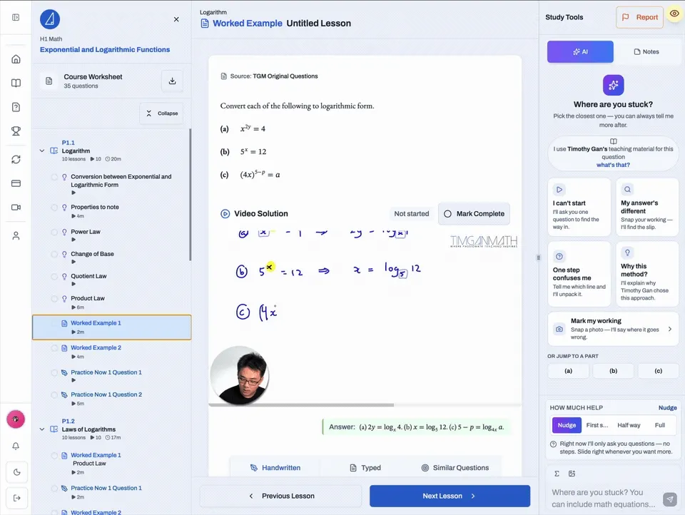 Tim Gan Math online H1 lesson preview showing logarithms, a video solution and study tools